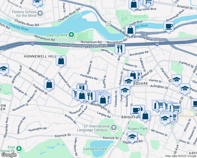 map of restaurants, bars, coffee shops, grocery stores, and more near 15-17 Perthshire Road in Boston