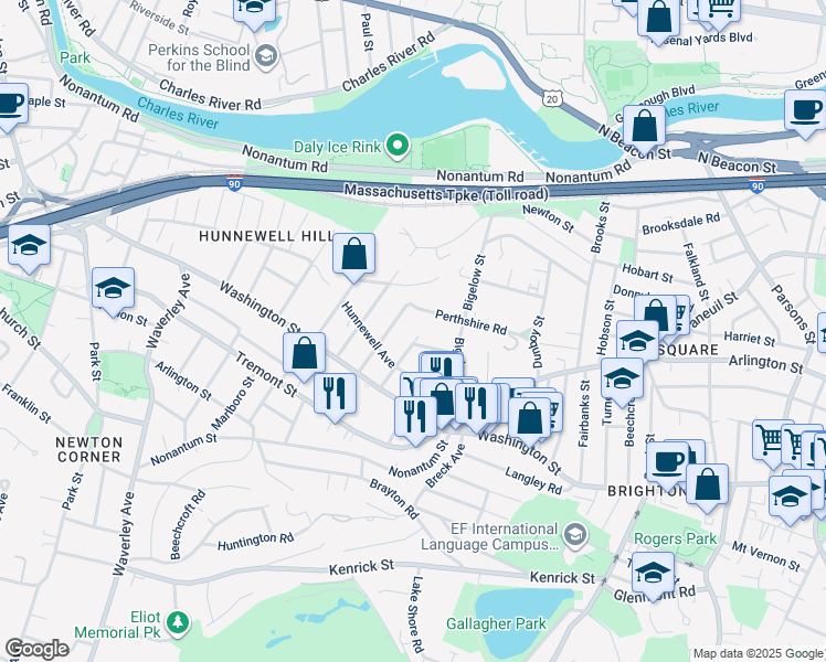map of restaurants, bars, coffee shops, grocery stores, and more near 82 Perthshire Road in Boston