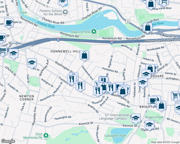 map of restaurants, bars, coffee shops, grocery stores, and more near 42 Matchett Street in Boston