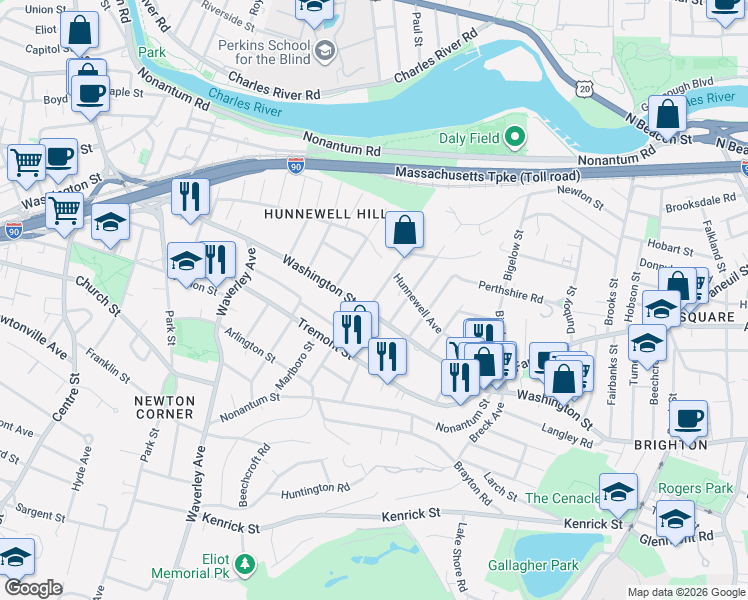 map of restaurants, bars, coffee shops, grocery stores, and more near 14 Burton Street in Boston