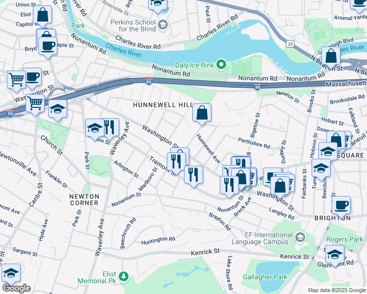 map of restaurants, bars, coffee shops, grocery stores, and more near 14 Burton Street in Boston