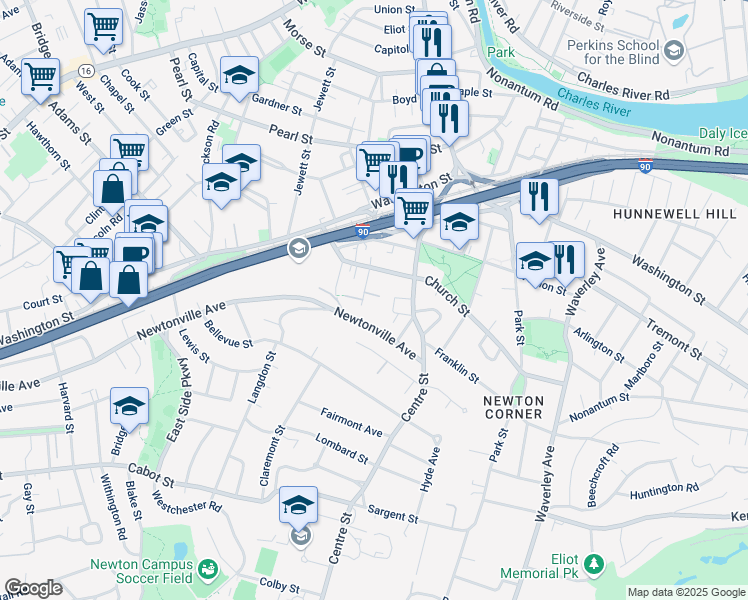map of restaurants, bars, coffee shops, grocery stores, and more near 14 Maple Avenue in Newton