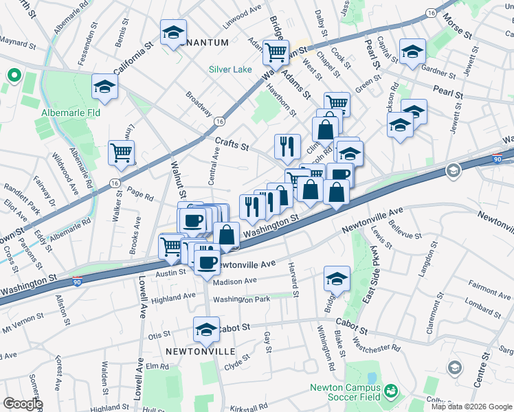 map of restaurants, bars, coffee shops, grocery stores, and more near 67R Court Street in Newton