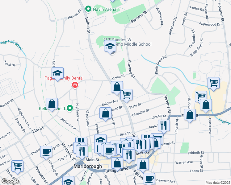 map of restaurants, bars, coffee shops, grocery stores, and more near 217 Bolton Street in Marlborough