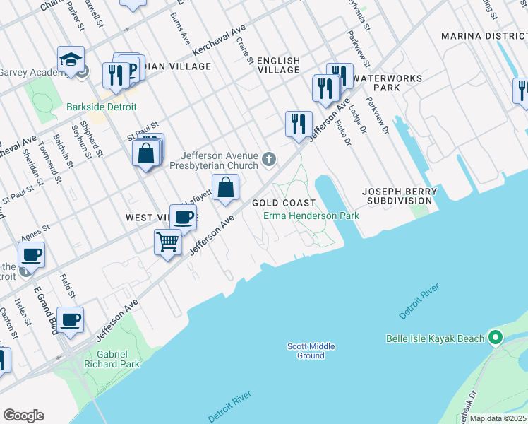 map of restaurants, bars, coffee shops, grocery stores, and more near in Detroit