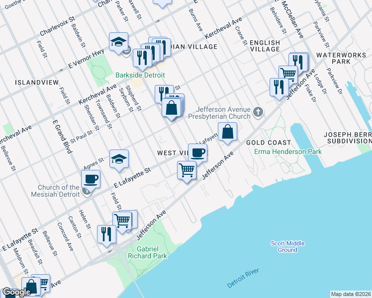 map of restaurants, bars, coffee shops, grocery stores, and more near 1050 Van Dyke Street in Detroit