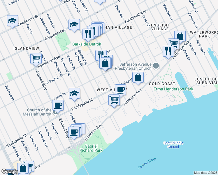 map of restaurants, bars, coffee shops, grocery stores, and more near 1050 Van Dyke Street in Detroit