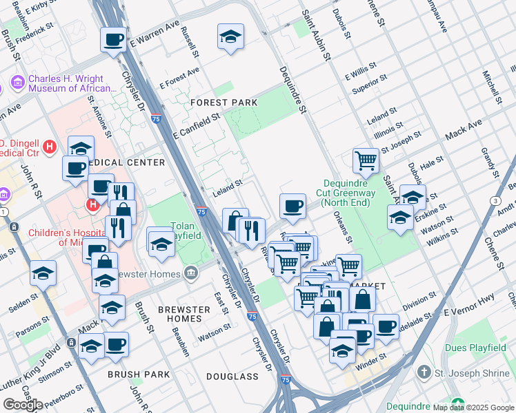 map of restaurants, bars, coffee shops, grocery stores, and more near 3867 Russell Street in Detroit