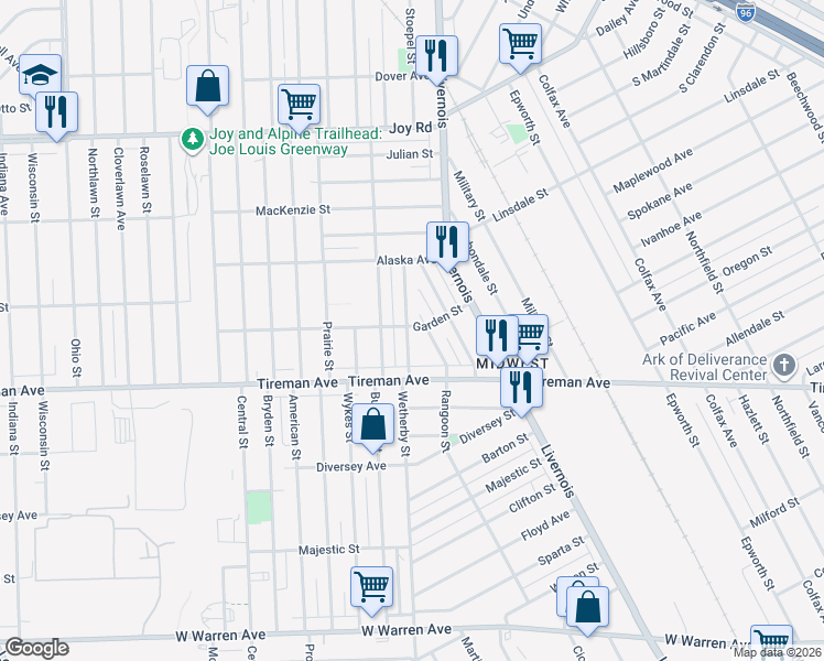 map of restaurants, bars, coffee shops, grocery stores, and more near 8170 Rangoon Street in Detroit