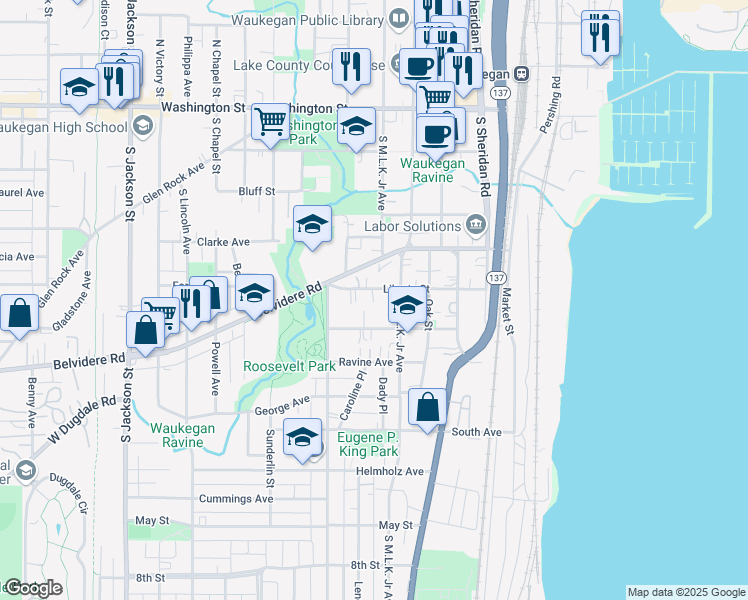 map of restaurants, bars, coffee shops, grocery stores, and more near 314 Liberty Street in Waukegan