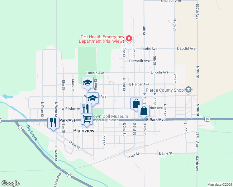 map of restaurants, bars, coffee shops, grocery stores, and more near 300-310 North 1st Street in Plainview