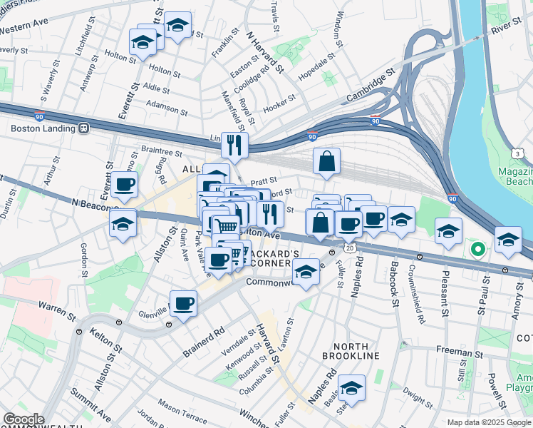 map of restaurants, bars, coffee shops, grocery stores, and more near 56 Gardner Street in Boston