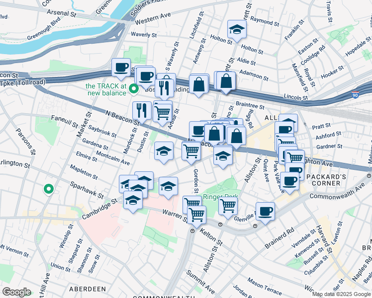 map of restaurants, bars, coffee shops, grocery stores, and more near 61 North Beacon Street in Boston
