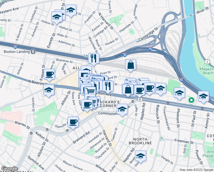 map of restaurants, bars, coffee shops, grocery stores, and more near 1 President Terrace in Boston