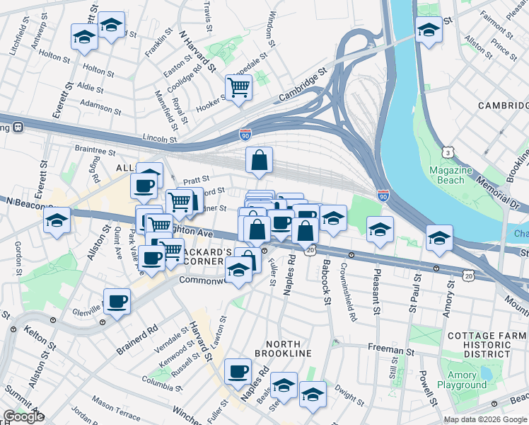 map of restaurants, bars, coffee shops, grocery stores, and more near 69 Ashford Street in Boston