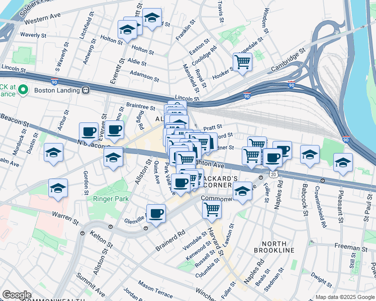 map of restaurants, bars, coffee shops, grocery stores, and more near 9 Farrington Avenue in Boston