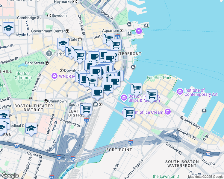 map of restaurants, bars, coffee shops, grocery stores, and more near 280 Congress Street in Boston