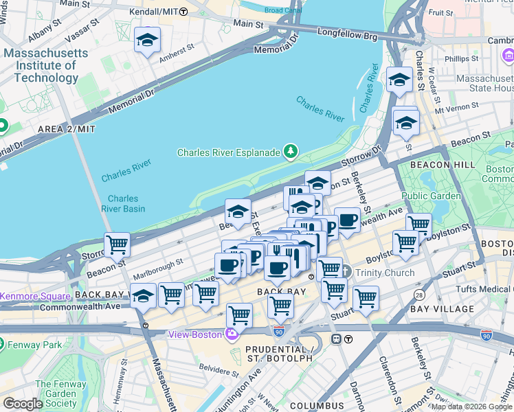 map of restaurants, bars, coffee shops, grocery stores, and more near 274 Beacon Street in Boston