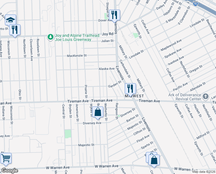 map of restaurants, bars, coffee shops, grocery stores, and more near 8170 Rangoon Street in Detroit