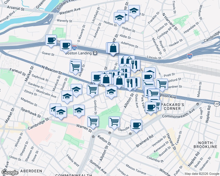 map of restaurants, bars, coffee shops, grocery stores, and more near 501 Cambridge Street in Allston