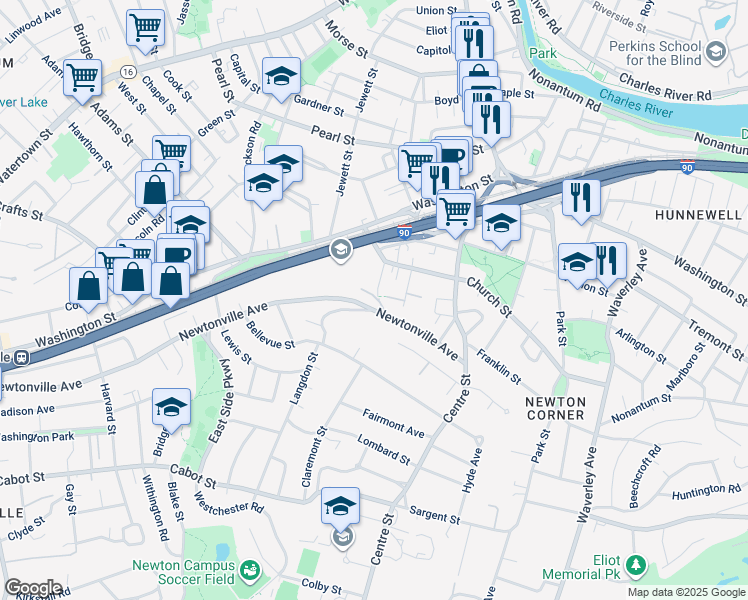 map of restaurants, bars, coffee shops, grocery stores, and more near 4 Winthrop Avenue in Newton
