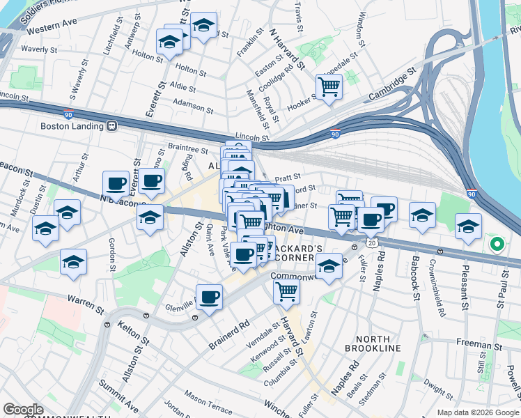 map of restaurants, bars, coffee shops, grocery stores, and more near 9 Farrington Avenue in Boston