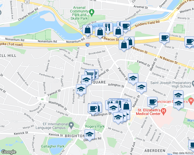 map of restaurants, bars, coffee shops, grocery stores, and more near Faneuil St & Newcastle Rd in Boston