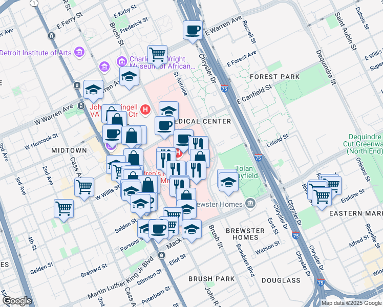 map of restaurants, bars, coffee shops, grocery stores, and more near 4201 Saint Antoine in Detroit