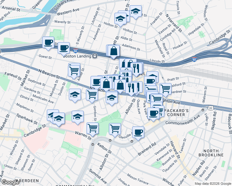 map of restaurants, bars, coffee shops, grocery stores, and more near 5 North Beacon Street in Boston