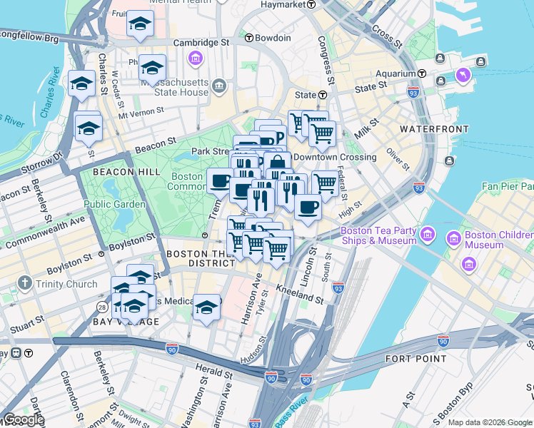 map of restaurants, bars, coffee shops, grocery stores, and more near 1 Avenue de Lafayette in Boston