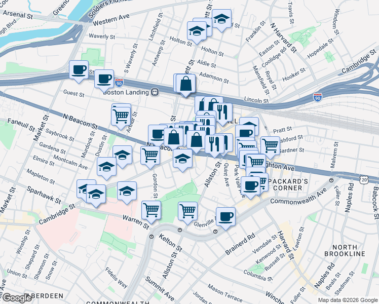 map of restaurants, bars, coffee shops, grocery stores, and more near 5 North Beacon Street in Boston