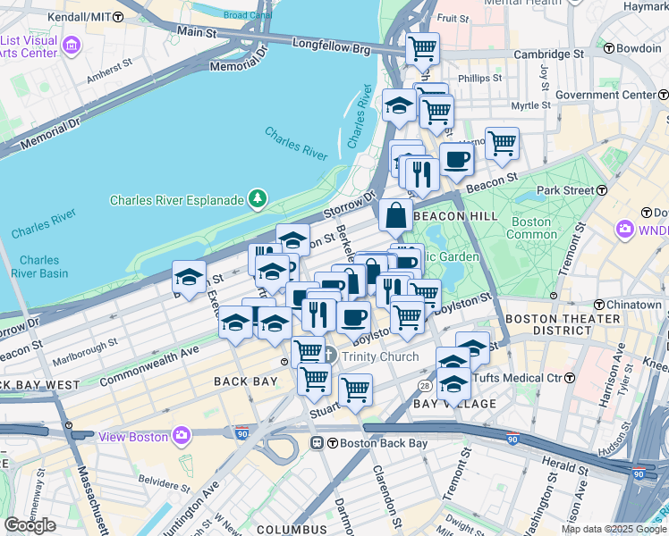 map of restaurants, bars, coffee shops, grocery stores, and more near 68 Marlborough Street in Boston