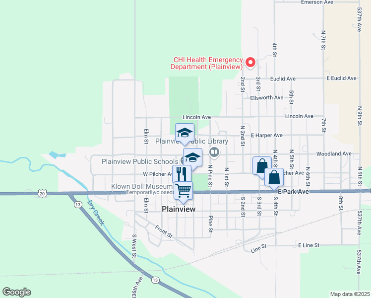 map of restaurants, bars, coffee shops, grocery stores, and more near 301 West Woodland Avenue in Plainview
