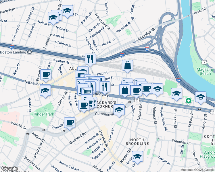 map of restaurants, bars, coffee shops, grocery stores, and more near 56 Gardner Street in Boston