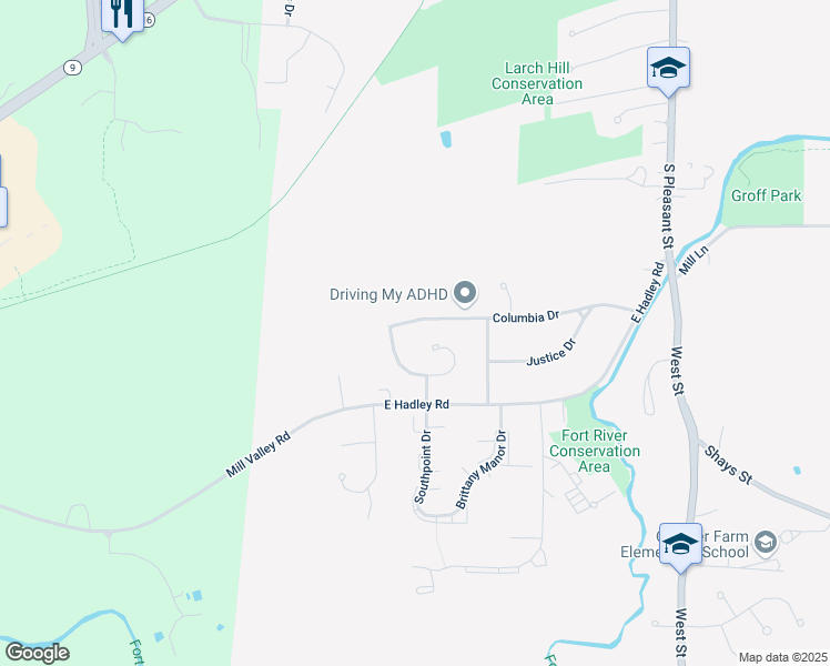 map of restaurants, bars, coffee shops, grocery stores, and more near 165 Columbia Drive in Amherst