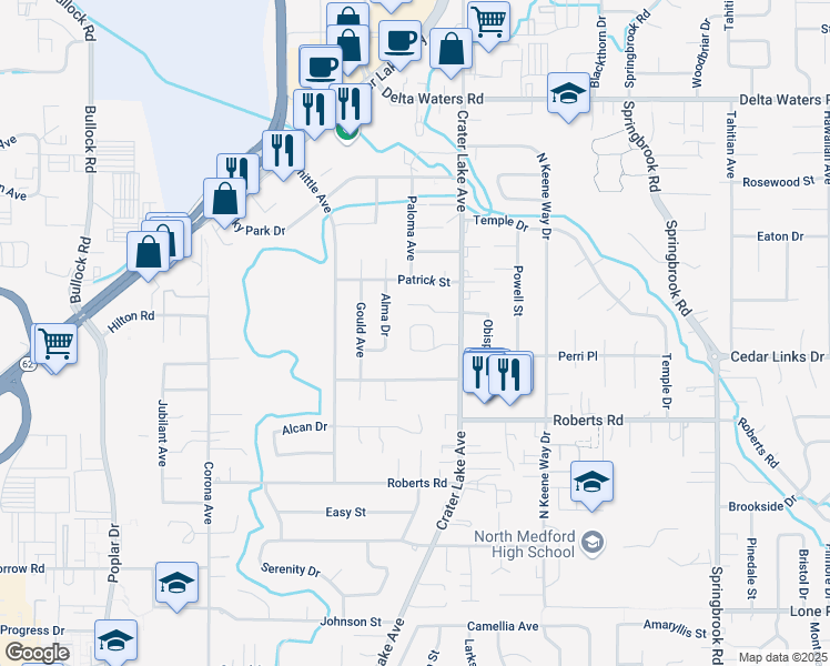map of restaurants, bars, coffee shops, grocery stores, and more near 1940 Hutchins Circle in Medford