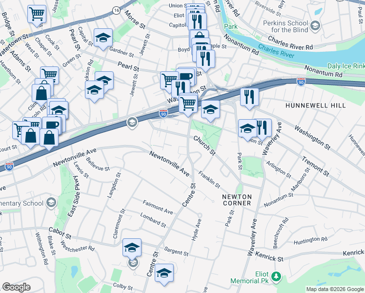 map of restaurants, bars, coffee shops, grocery stores, and more near 176 Church Street in Newton