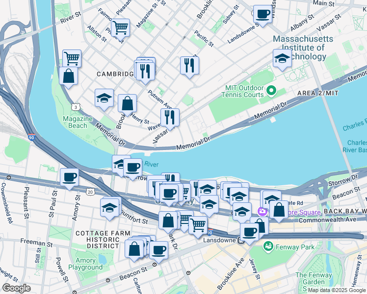 map of restaurants, bars, coffee shops, grocery stores, and more near Memorial Drive & Amesbury Street in Cambridge