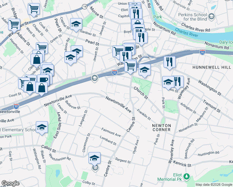map of restaurants, bars, coffee shops, grocery stores, and more near 14 Maple Avenue in Newton