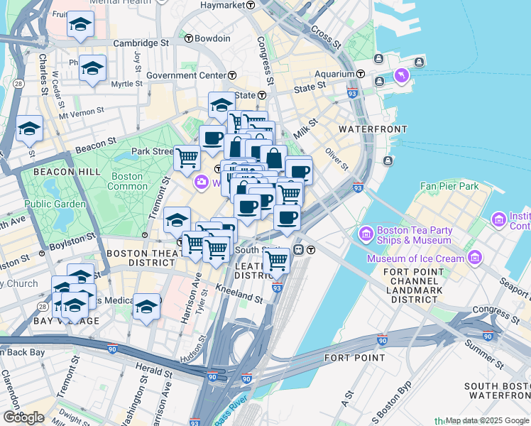 map of restaurants, bars, coffee shops, grocery stores, and more near 100 Summer Street in Boston