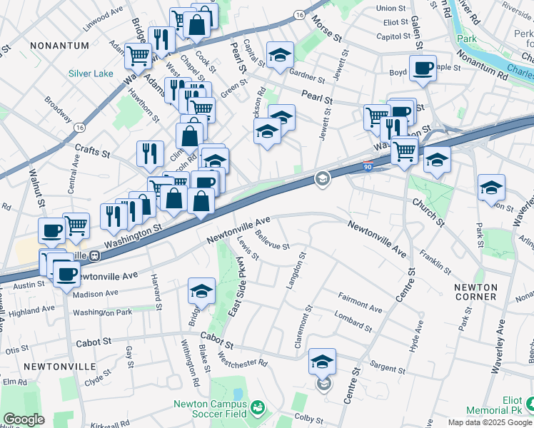 map of restaurants, bars, coffee shops, grocery stores, and more near 185 Newtonville Avenue in Newton