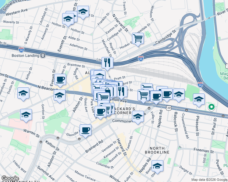map of restaurants, bars, coffee shops, grocery stores, and more near 44 Linden Street in Boston
