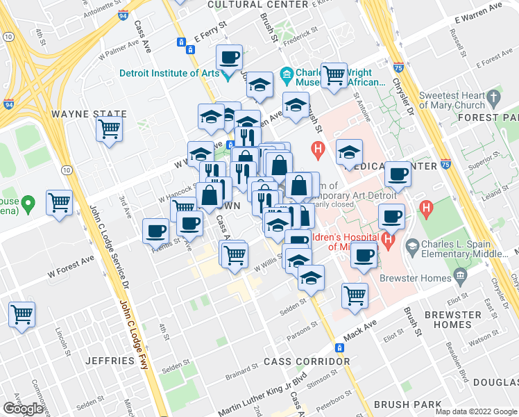 map of restaurants, bars, coffee shops, grocery stores, and more near 4501 Woodward Avenue in Detroit