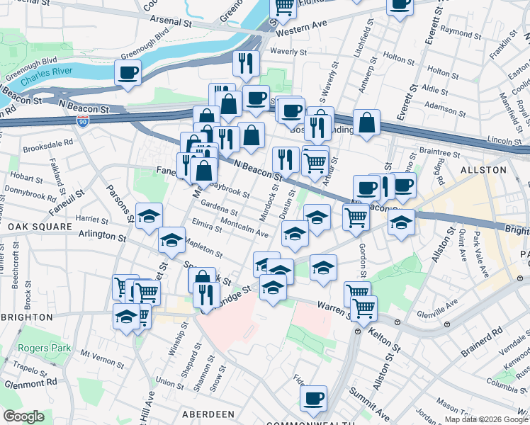 map of restaurants, bars, coffee shops, grocery stores, and more near 55 Saybrook Street in Boston