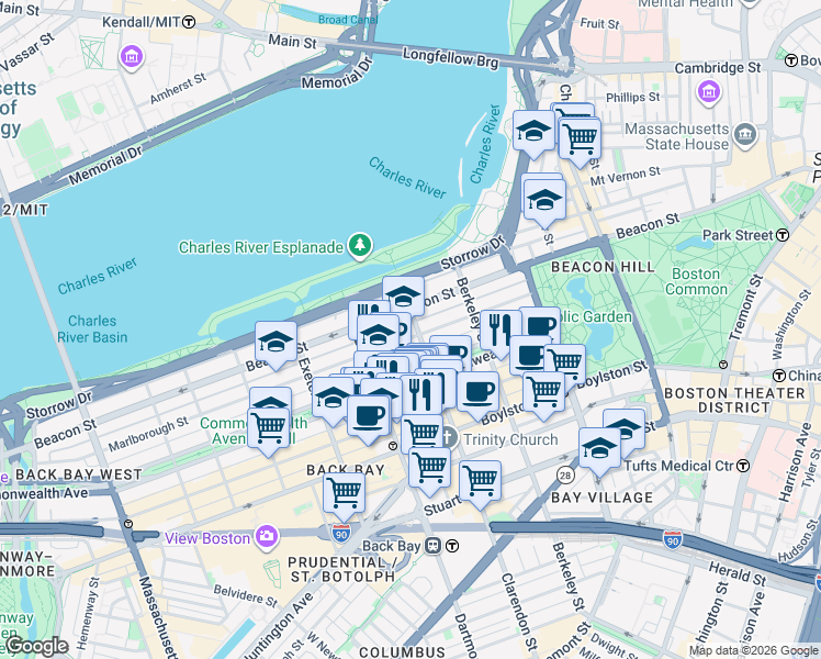 map of restaurants, bars, coffee shops, grocery stores, and more near in Boston