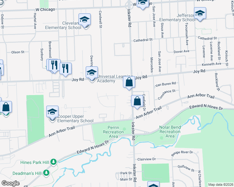 map of restaurants, bars, coffee shops, grocery stores, and more near 27515 Joy Road in Westland
