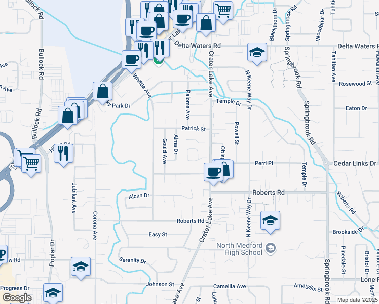 map of restaurants, bars, coffee shops, grocery stores, and more near 1940 Hutchins Circle in Medford