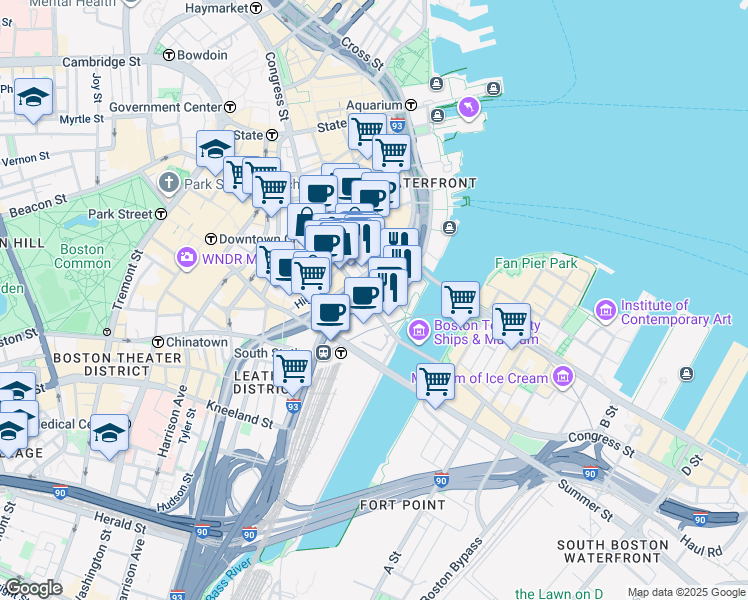 map of restaurants, bars, coffee shops, grocery stores, and more near 137-139 Pearl Street in Boston