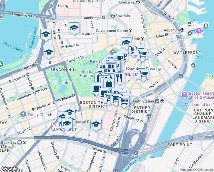 map of restaurants, bars, coffee shops, grocery stores, and more near 539 Washington Street in Boston