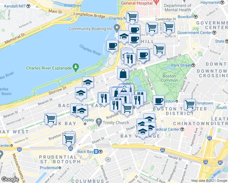 map of restaurants, bars, coffee shops, grocery stores, and more near 11 Public Alley 422 in Boston
